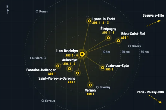 Carte des 9 communes où Taxis Duchesne dispose d’une autorisation de stationnement (ADS) autour des Andelys, dans l’Eure